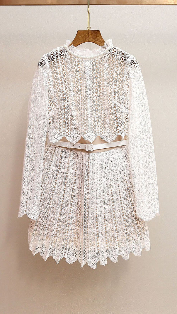 AIIZIE Chic Organza Lace Mini Dress | Ruffled Neck & Scalloped Details - product image