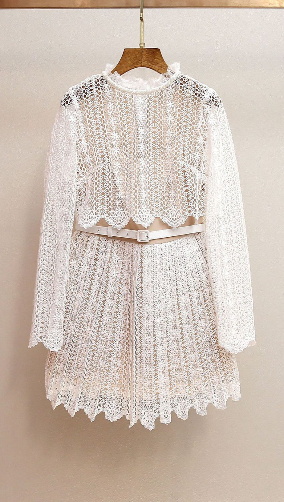Chic Organza Lace Mini Dress | Ruffled Neck & Scalloped Details