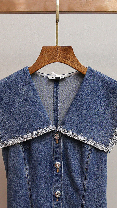 HAVIKA WOMEN'S EMBELLISHED SAILOR COLLAR DENIM MINI DRESS WITH PLEATED SKIRT