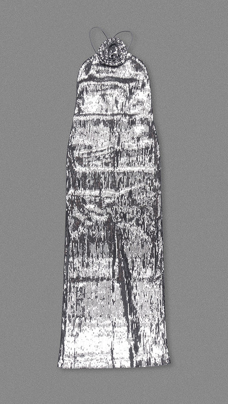 WINIFRED FLORAL-APPLIQUÉ SEQUIN MAXI DRESS SILVER