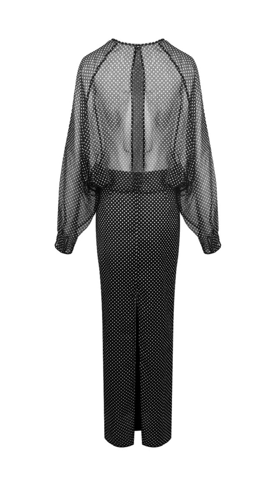 CHIC SHEER POLKA DOT LONG SLEEVE MAXI DRESS - BLACK