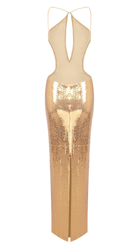 SEQUIN HOLLOW BODYCON MAXI DRESS IN GOLD