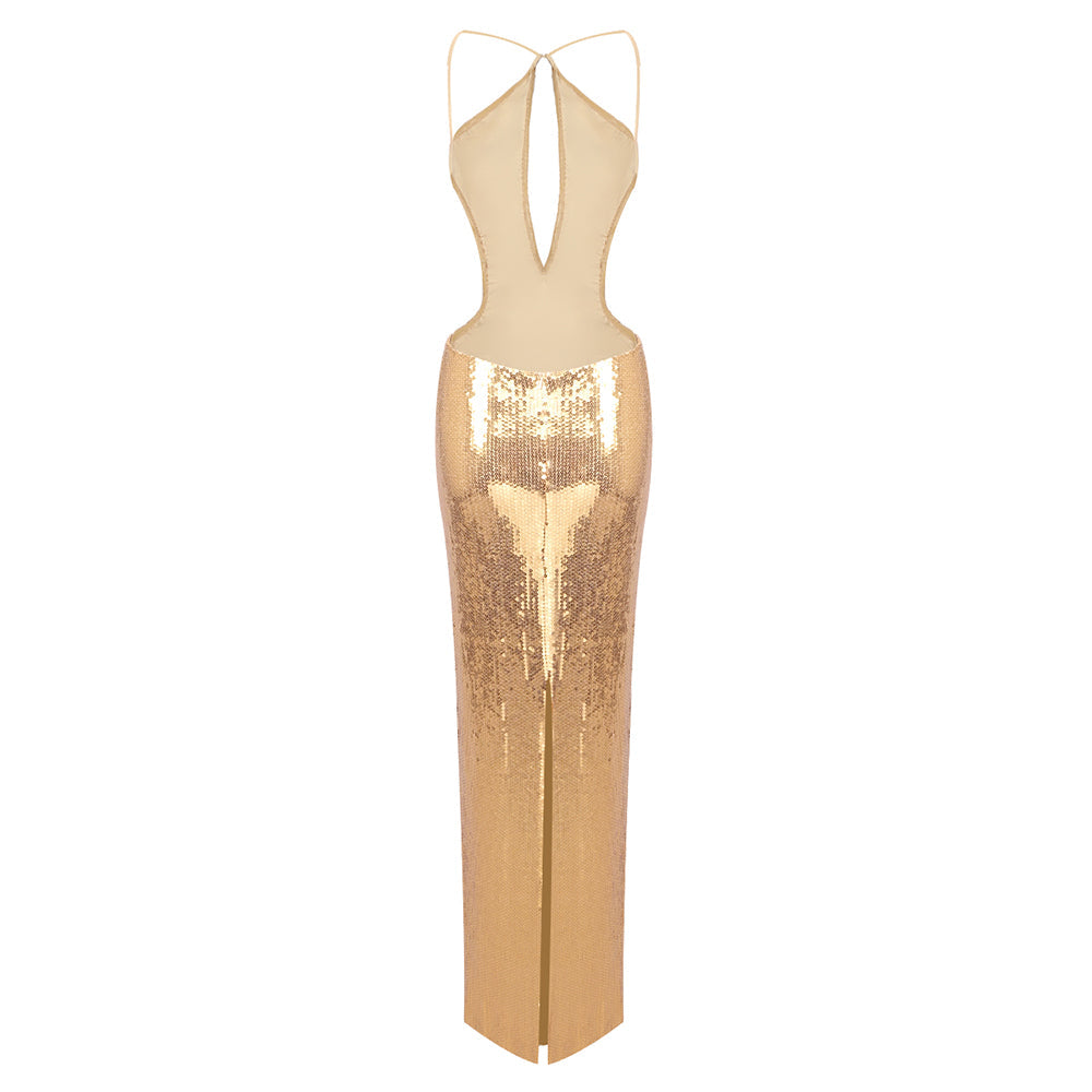 AIIZIE SEQUIN HOLLOW BODYCON MAXI DRESS IN GOLD - product image
