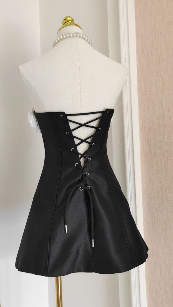 AIIZIE IVANKA GLAM BLACK & WHITE FLORAL STRAPLESS CORSET MINI DRESS - product image