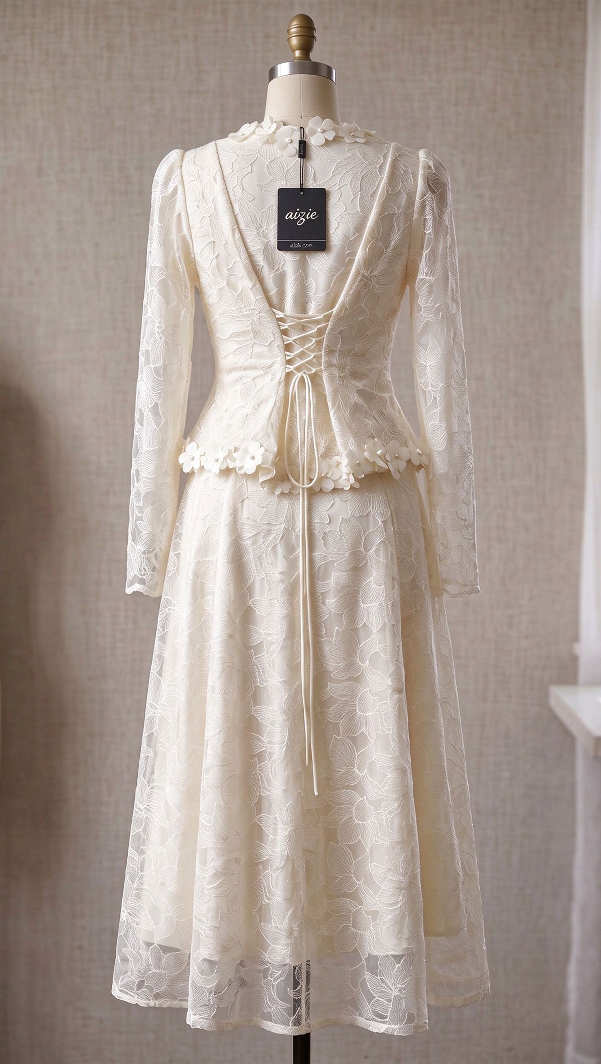 Cream Floral Lace Peplum Top & A-Line Midi Skirt Two-Piece Set