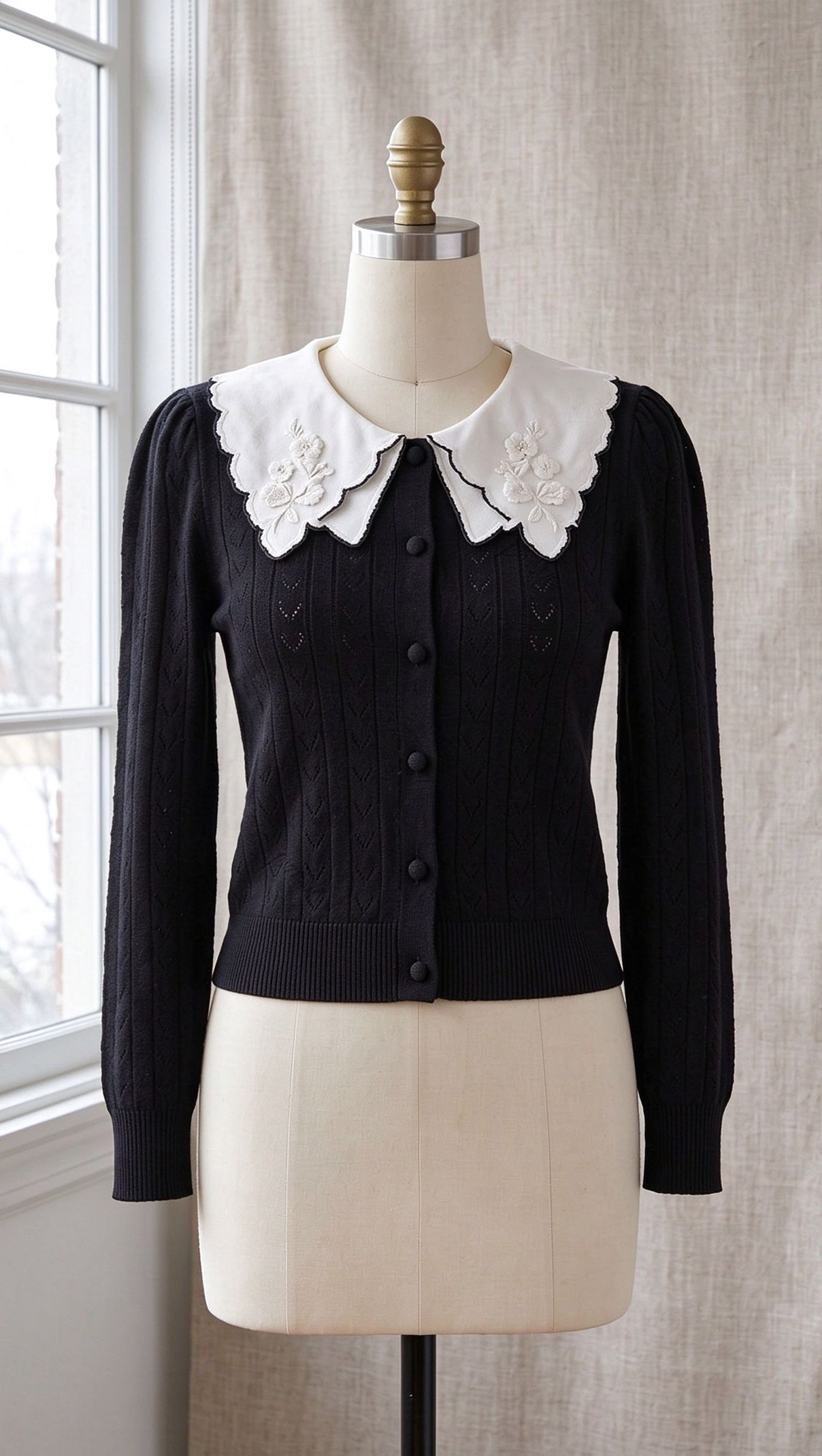 Black Pointelle Knit Cardigan with White Embroidered Collar
