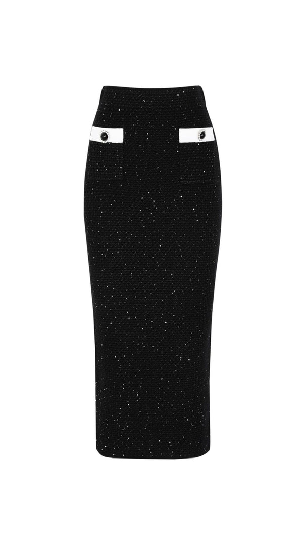 Chic Black Sparkle Tweed-Knit Cardigan & Pencil Skirt Set
