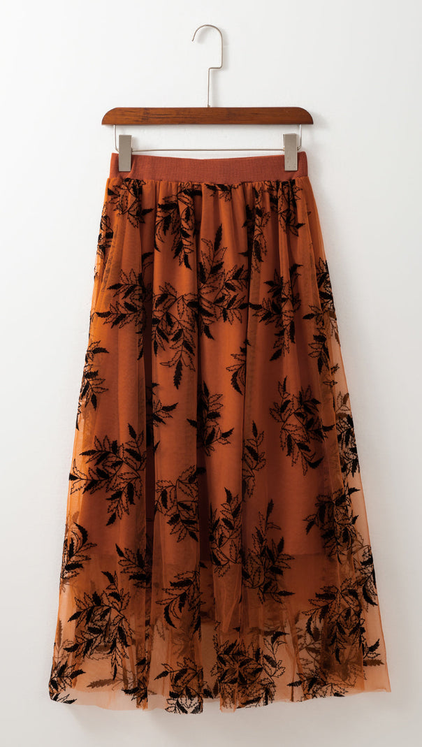 AIIZIE APRICOT FLORAL LEAVES EMBROIDERED HIGH WAIST MAXI SKIRT - product image