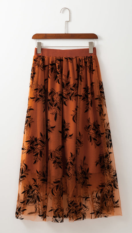 Aprikosenfarbener Maxirock mit Blumen- und Blattstickerei und hoher Taille