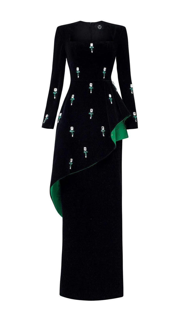 AIIZIE HEDYA BLACK VELVET & EMERALD CRYSTAL STATEMENT MAXI GOWN | LONG SLEEVE EVENING DRESS - product image