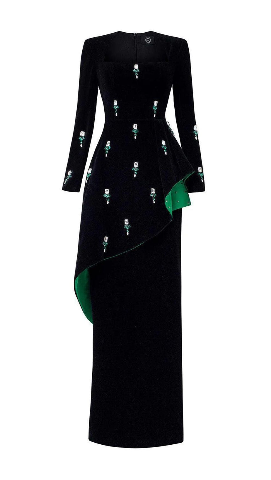 HEDYA BLACK VELVET & EMERALD CRYSTAL STATEMENT MAXI GOWN | LONG SLEEVE EVENING DRESS
