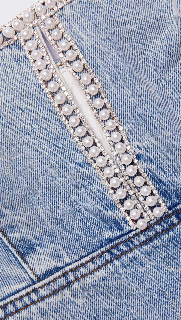AIIZIE LIGHT BLUE DENIM PEARL MINI DRESS - product image