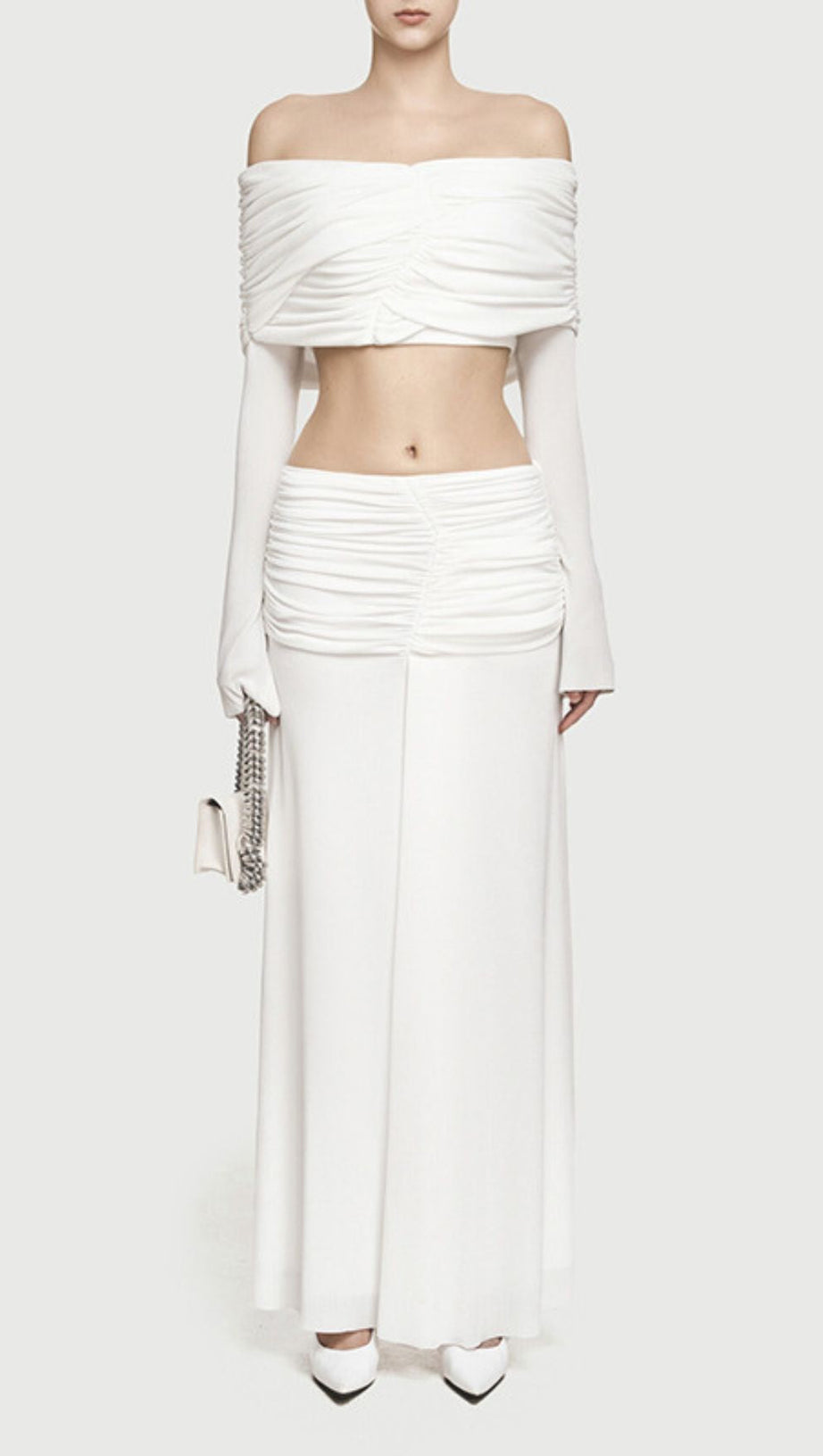 Jamuna Elegant Ruched Two-Piece Maxi Skirt Set - Off-Shoulder Crop Top