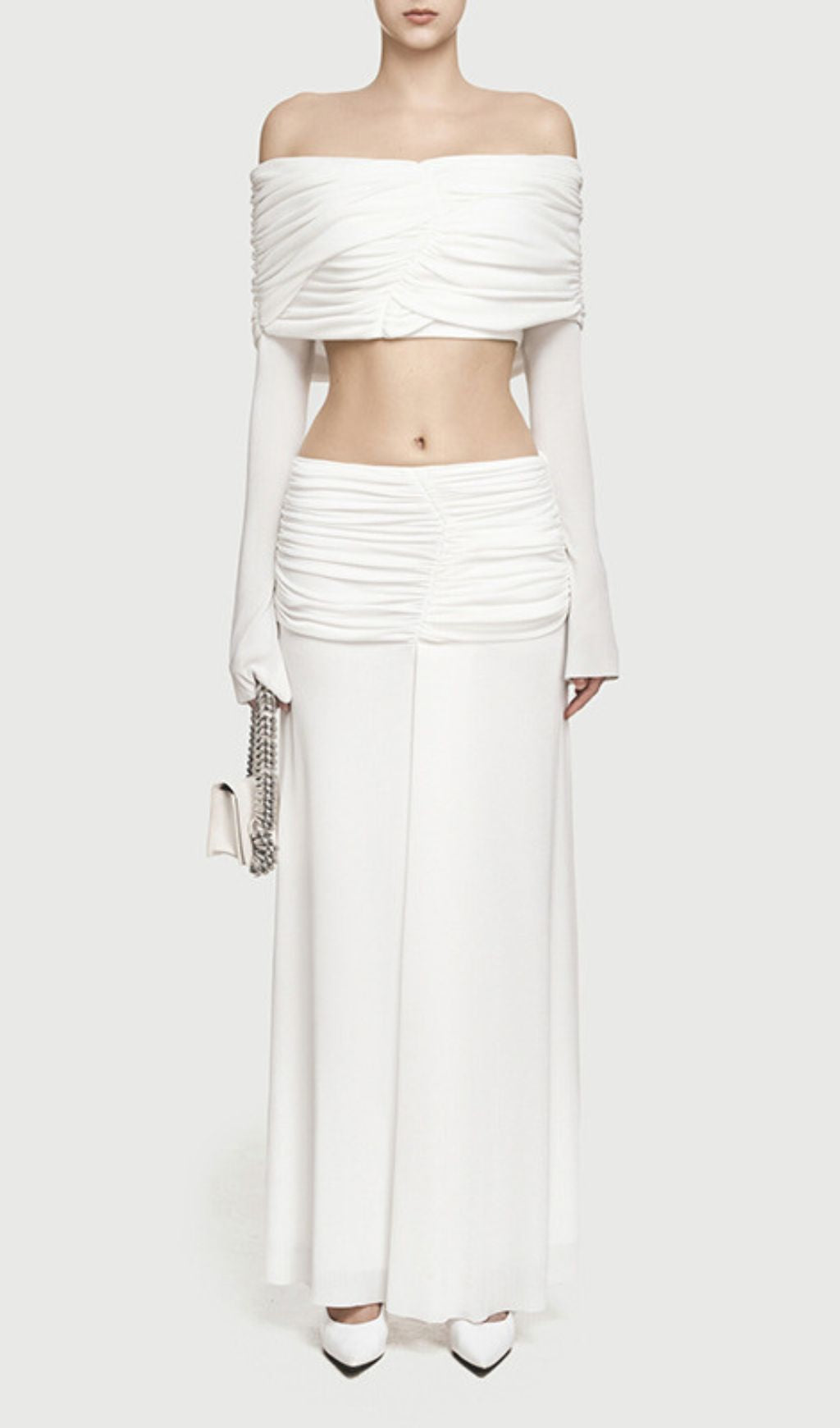 Jamuna Elegant Ruched Two-Piece Maxi Skirt Set - Off-Shoulder Crop Top