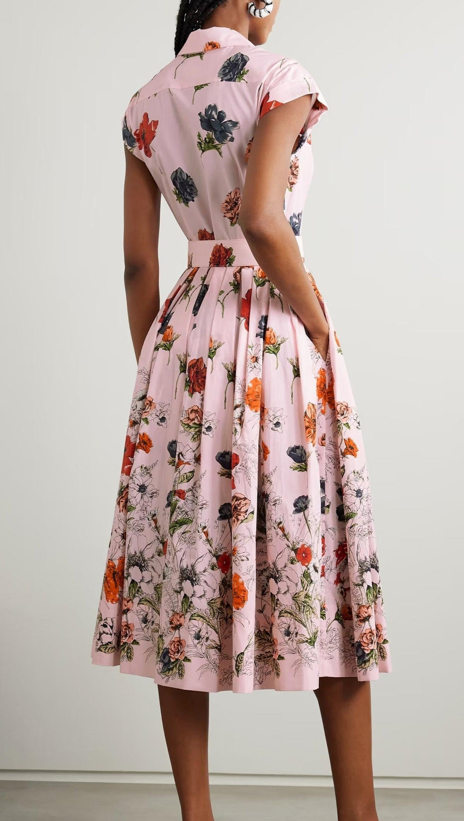 BELTED PLEATED FLORAL-PRINT COTTON-POPLIN MIDI SHIRT DRESS - PINK