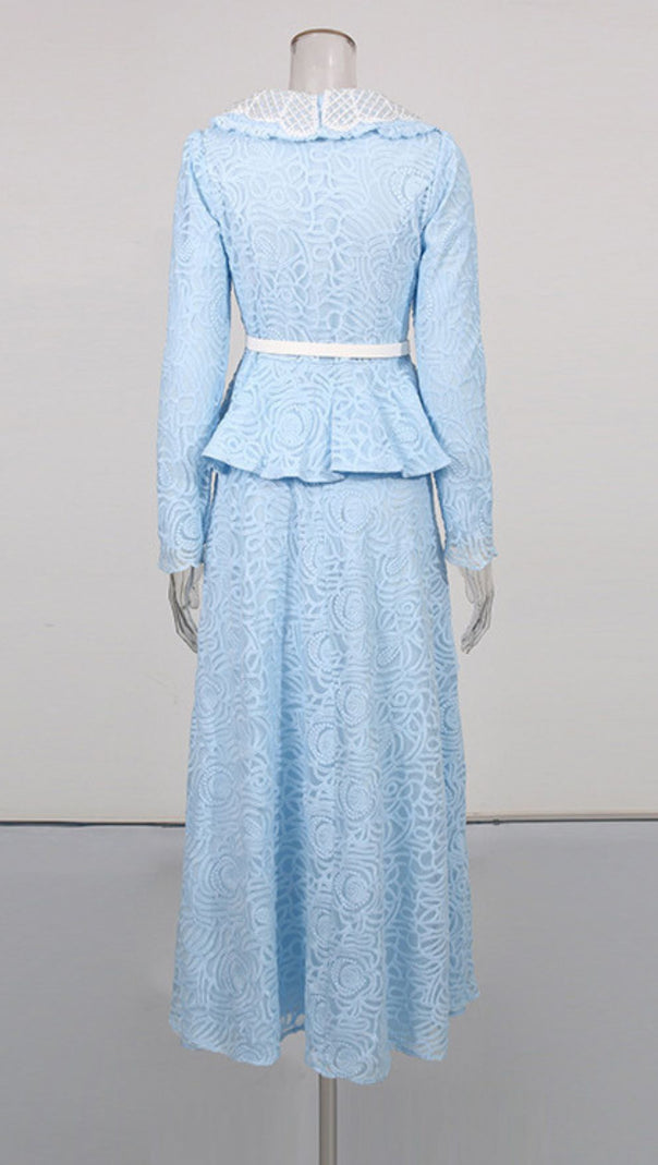 AIIZIE ILONA BLUE ELEGANT FLORAL LACE PEPLUM TWO-PIECE SKIRT SET - product image