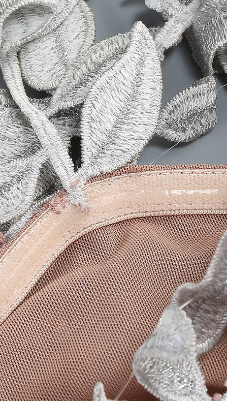 CRYSTAL LEAF EMBELLISHED SEQUIN MAXI DRESS IN PALE BROWN