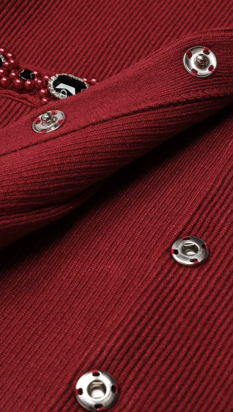 Elegant Wine Red Embellished Knit Cardigan & Midi Skirt Set