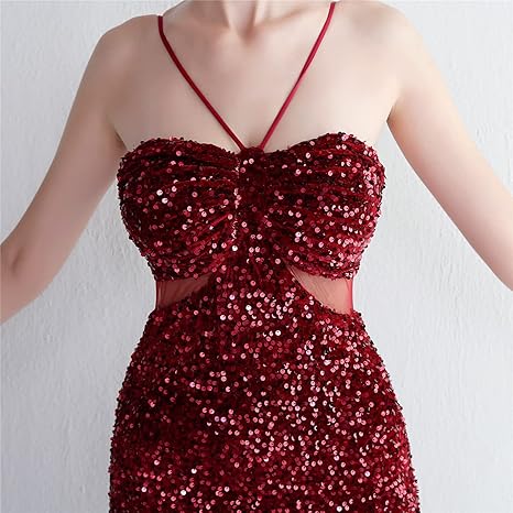 MARIAN BURGUNDY CUTOUT SEQUINS HALTER MAXI DRESS
