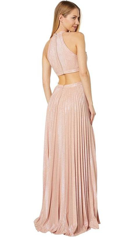 NANCY HALTER CUTOUT PLEATED GOWN IN PALE PINK