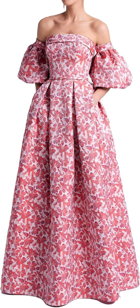 AIIZIE PEACH PRINTED LANTERN SLEEVE MAXI DRESS - product image