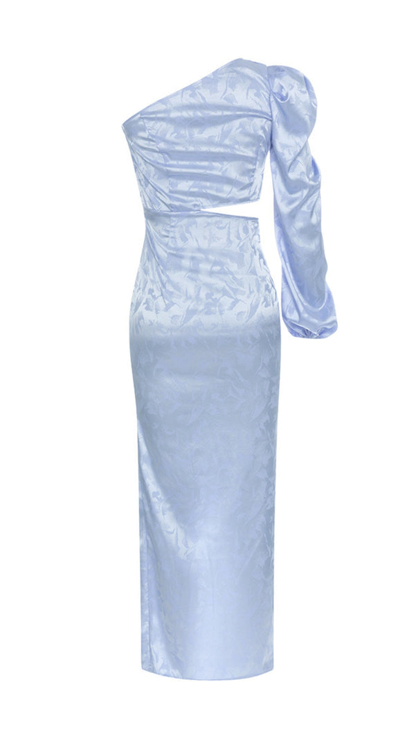 AIIZIE BLUE RUCHED JACQUARD ONE SHOULDER LONG SLEEVE MIDI DRESS - product image