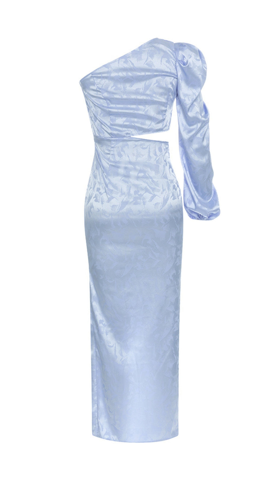 BLUE RUCHED JACQUARD ONE SHOULDER LONG SLEEVE MIDI DRESS