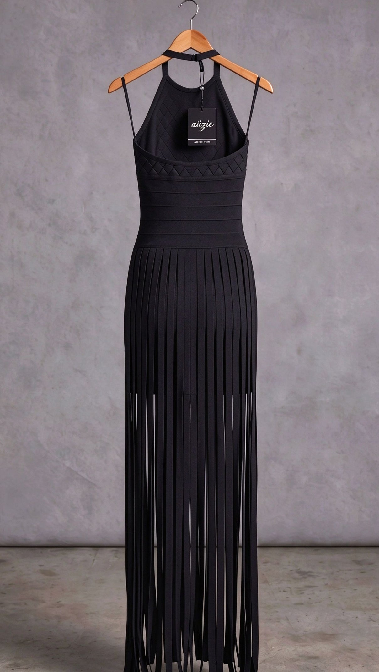 Black Bandage Knit Bodycon Gown with Fringe Overlay