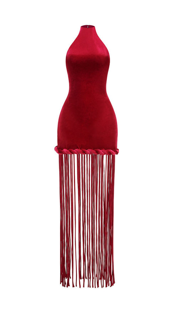 AIIZIE Jayla Red Velvet Halter Maxi Dress with Dramatic Tassels - Ultimate Statement Gown - product image