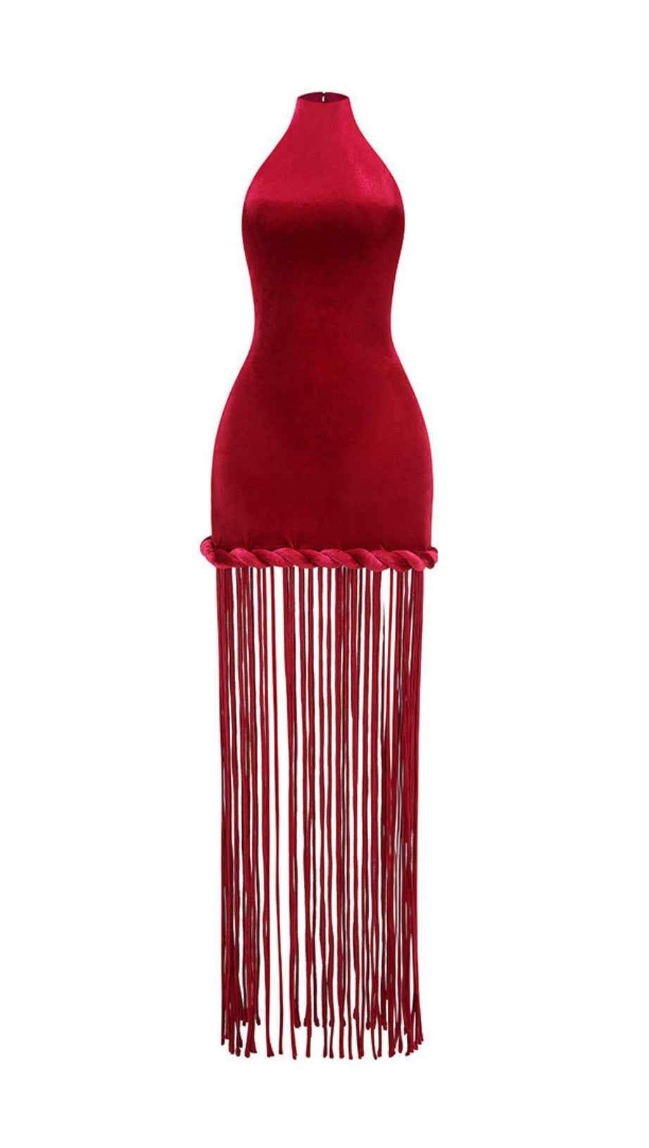 Jayla Red Velvet Halter Maxi Dress with Dramatic Tassels - Ultimate Statement Gown