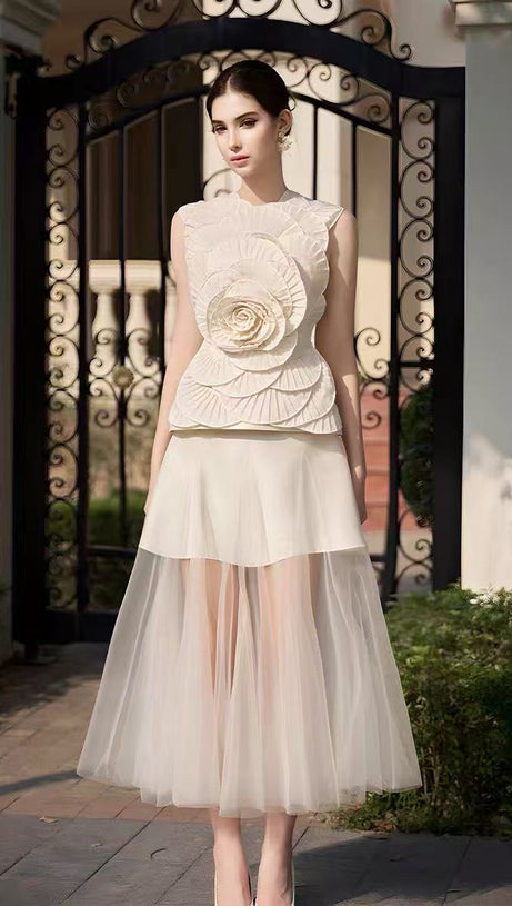 Karima Neutral 3D Petal Top & Skirt Set