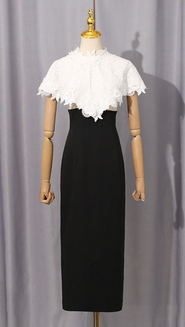 AIIZIE IVY BLACK CUTOUT BODYCON MIDI DRESS & ETHEREAL LACE CAPELET - product image