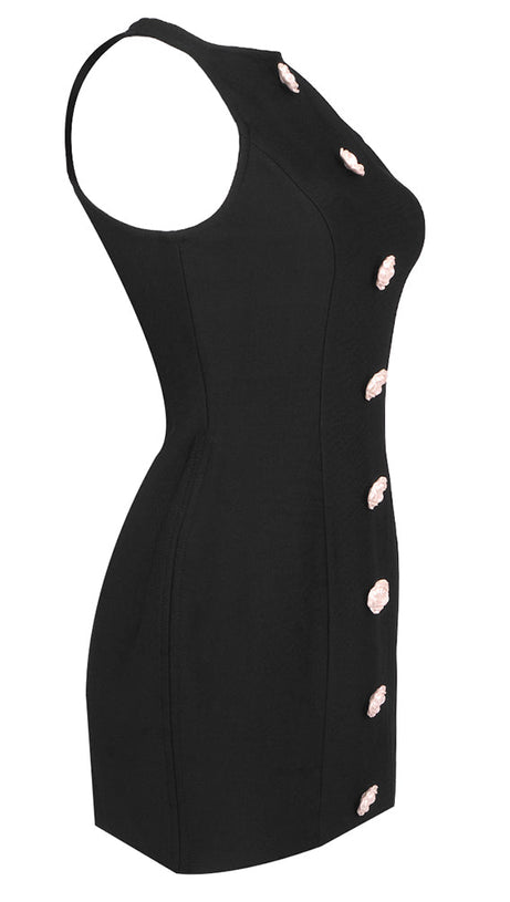 BREENDA BLACK KNITTED MINI DRESS WITH FLOWER BUTTONS
