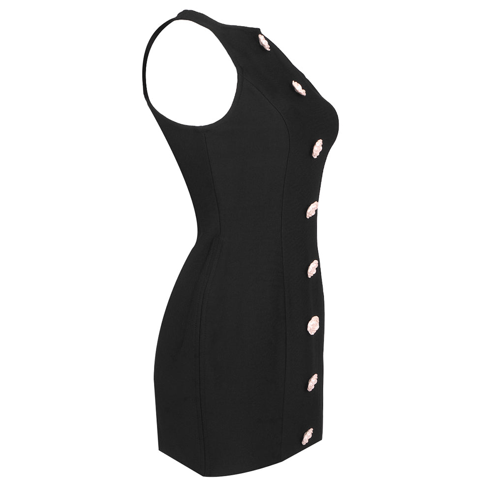 AIIZIE BREENDA BLACK KNITTED MINI DRESS WITH FLOWER BUTTONS - product image