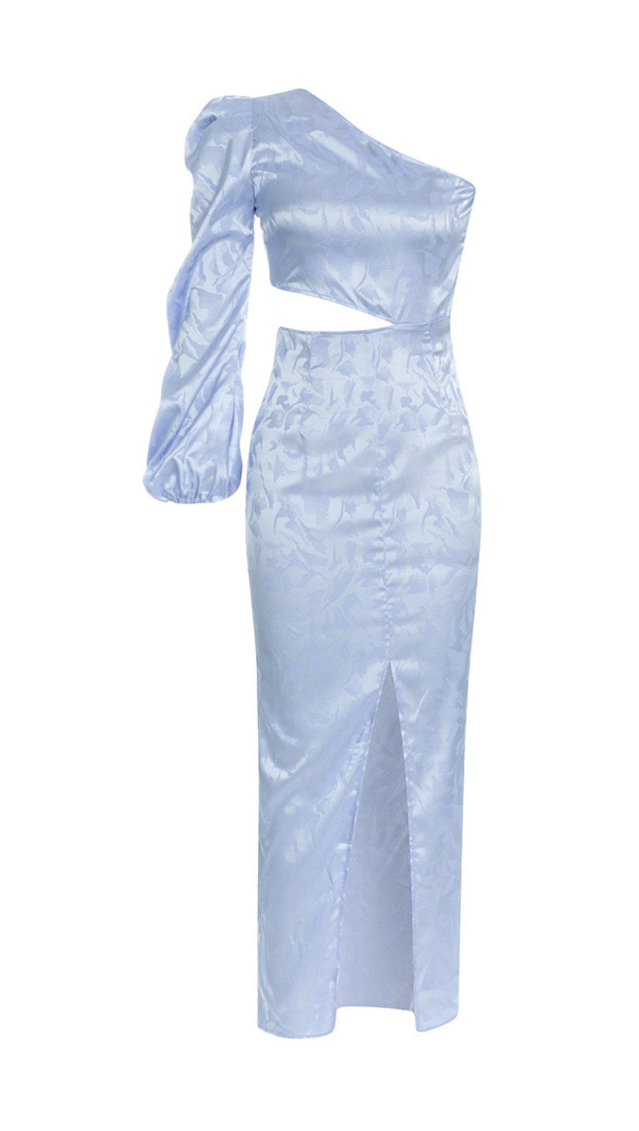 BLAUES MIDIKLEID AUS JACQUARD MIT RÜSCHEN UND EINER SCHULTER