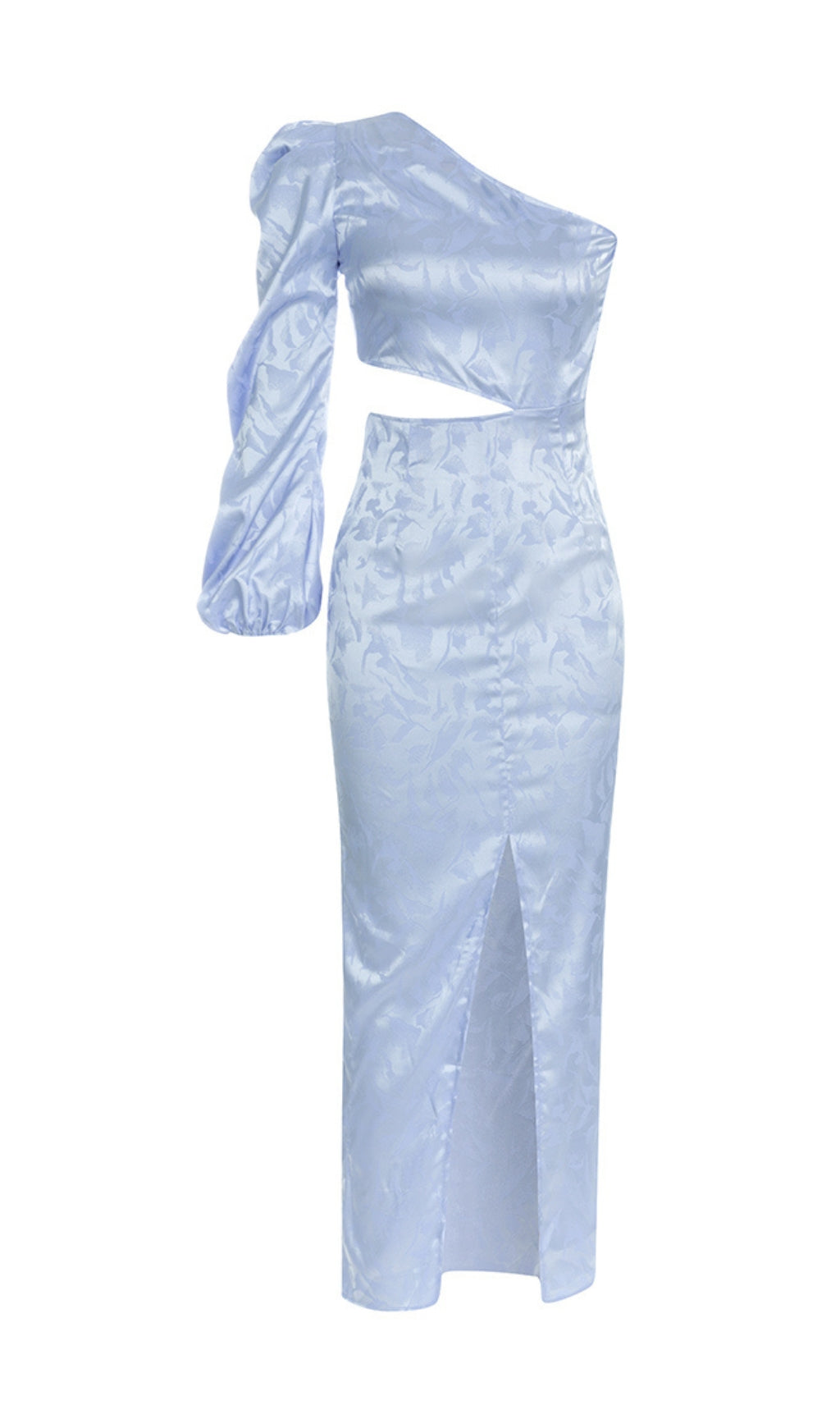 BLUE RUCHED JACQUARD ONE SHOULDER LONG SLEEVE MIDI DRESS