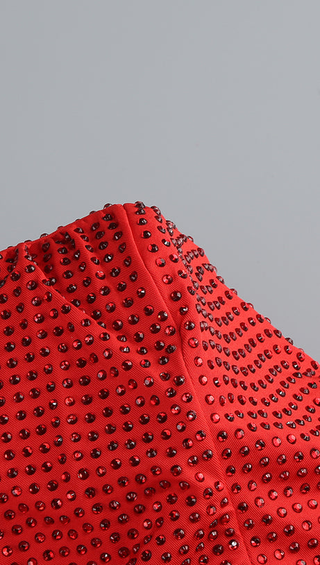 ONE-SHOULDER HOT DIAMOND HOLLOW IRREGULAR SLIT RED MAXI DRESS