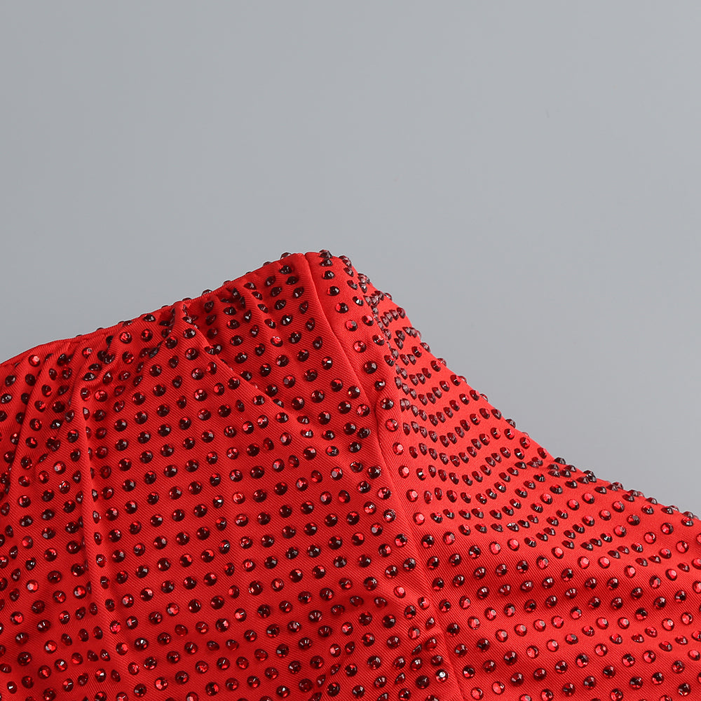 Rotes Maxikleid mit One-Shoulder-Ausschnitt, heißem Diamant-Hohlraum und unregelmäßigem Schlitz 