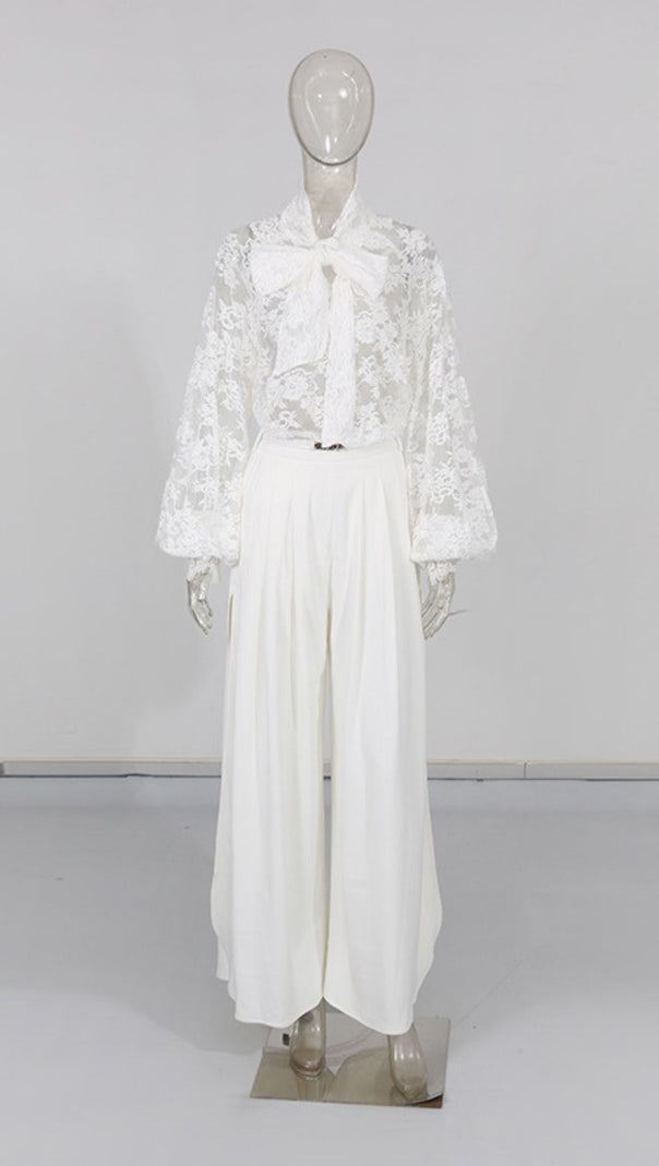 AIIZIE HUSTA WHITE LACE PUSSY-BOW BLOUSE & HIGH-SLIT WIDE-LEG PANTS SET - product image