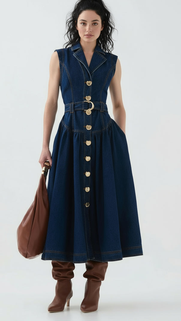 AIIZIE IONE SLEEVELESS BUTTON-FRONT DENIM MIDI DRESS | CHIC & BELTED STYLE - product image