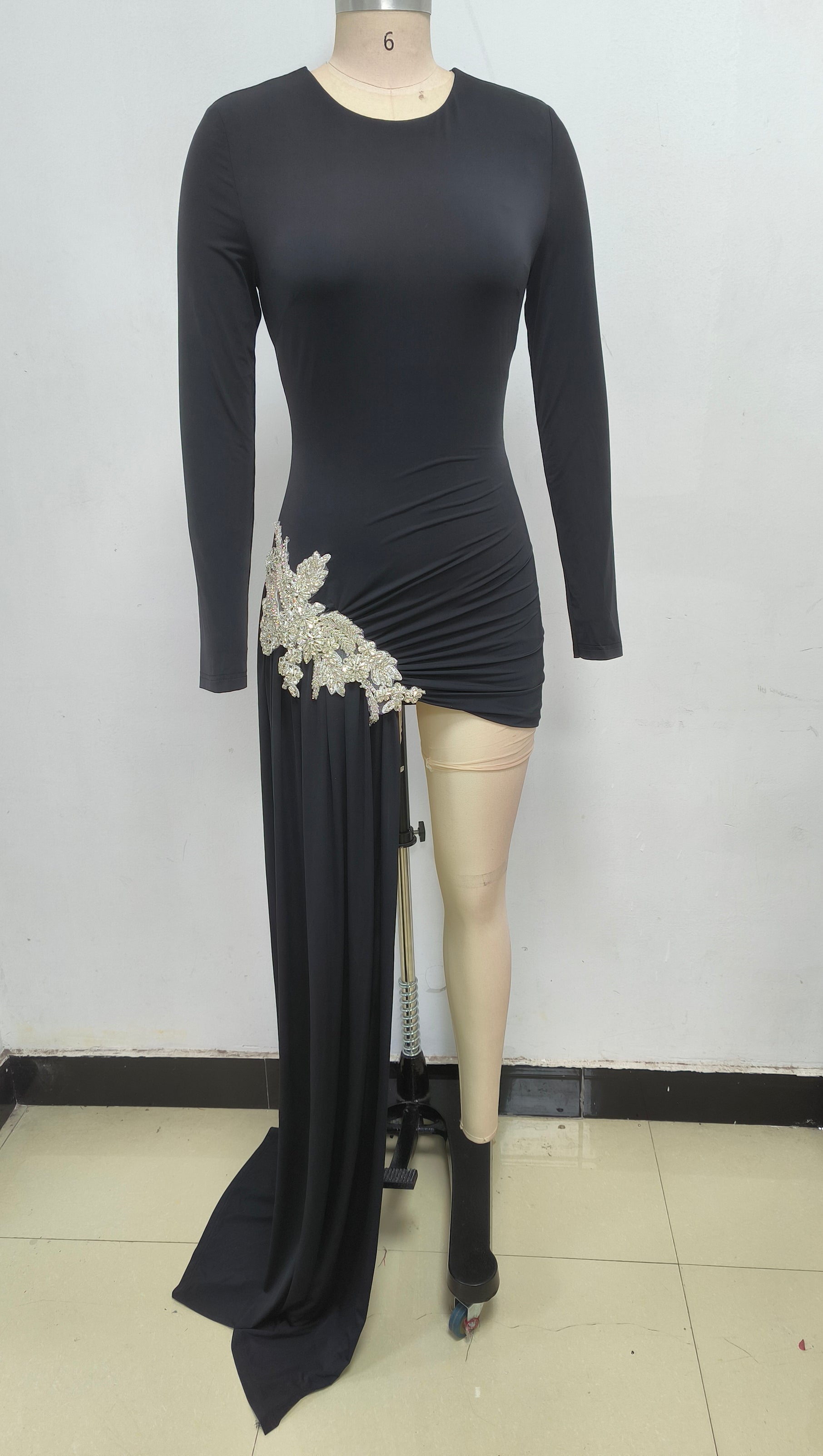 AIIZIE SPARKLY CREW NECK CRYSTAL DRAPED BANDAGE BODYCON PARTY MICRO MINI DRESS - product image