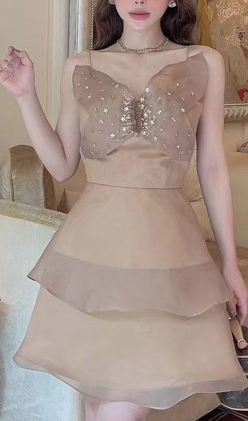 BOW DIAMOND-EMBELLISHED STRAP MINI DRESS