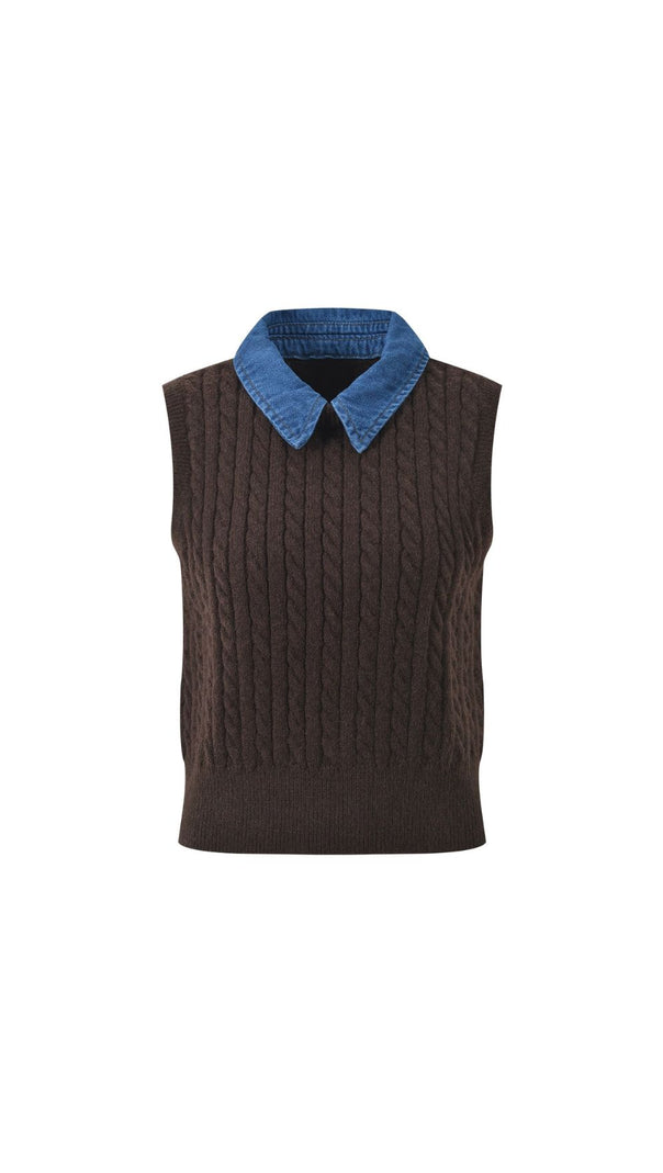 AIIZIE Chic Denim Collar Cable Knit Sleeveless Sweater Vest for Women - product image