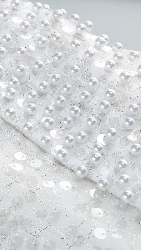 YVETTE PEARL EMBELLISHED SEQUIN MAXI DRESS IN WHITE