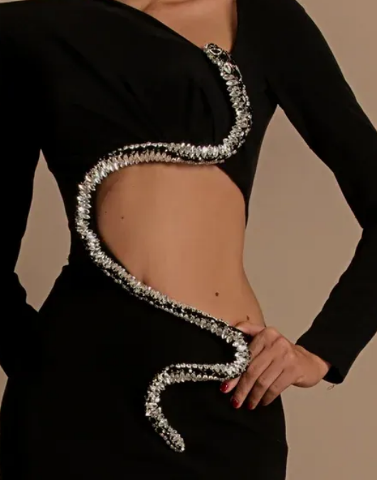 RHINESTONE EMBELLISHED FLOOR-LENGTH DRESS IN BLACK