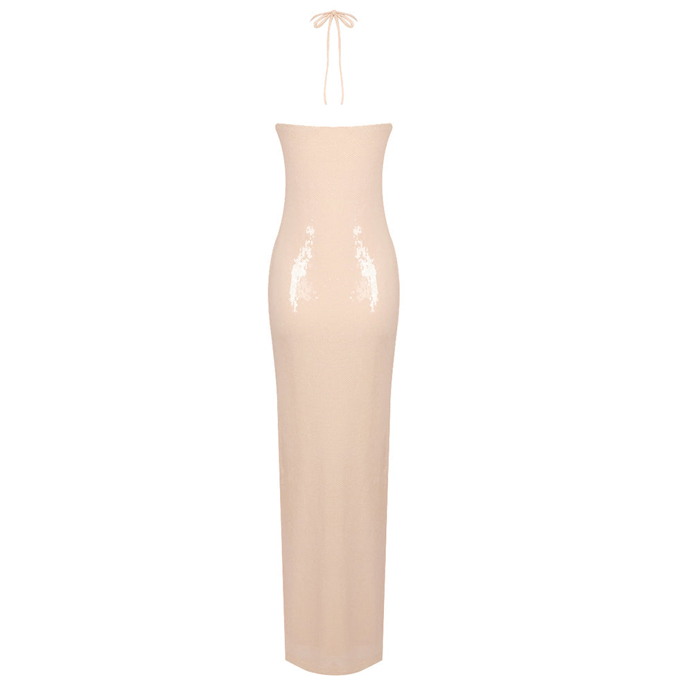 Adelaide Rosette Halter Sequined Gown in Champagne