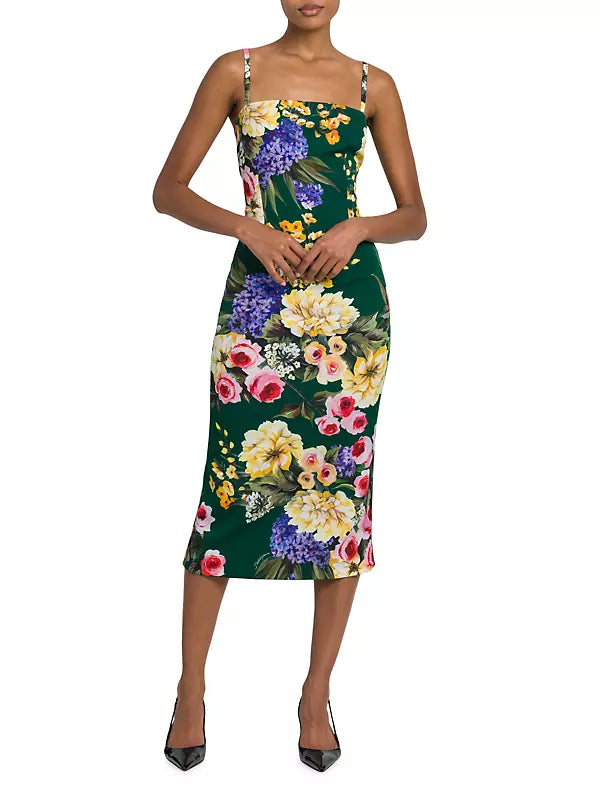 FLORAL PRINT SHEATH MIDI DRESS IN GREEN