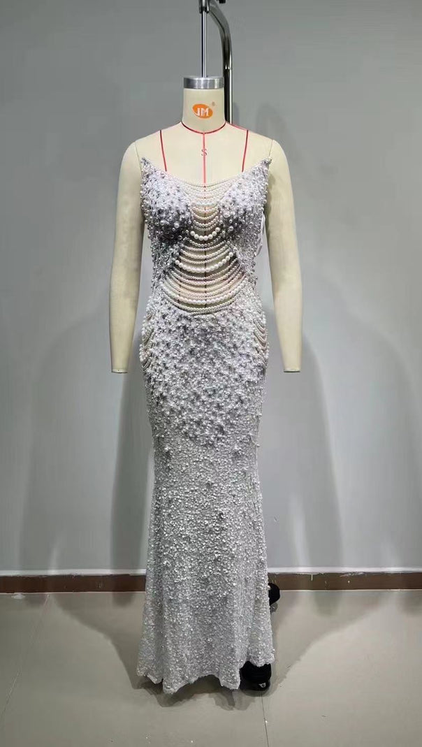 Iseult White Faux Pearl Mesh Maxi Gown