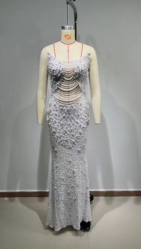 Iseult White Faux Pearl Mesh Maxi Gown