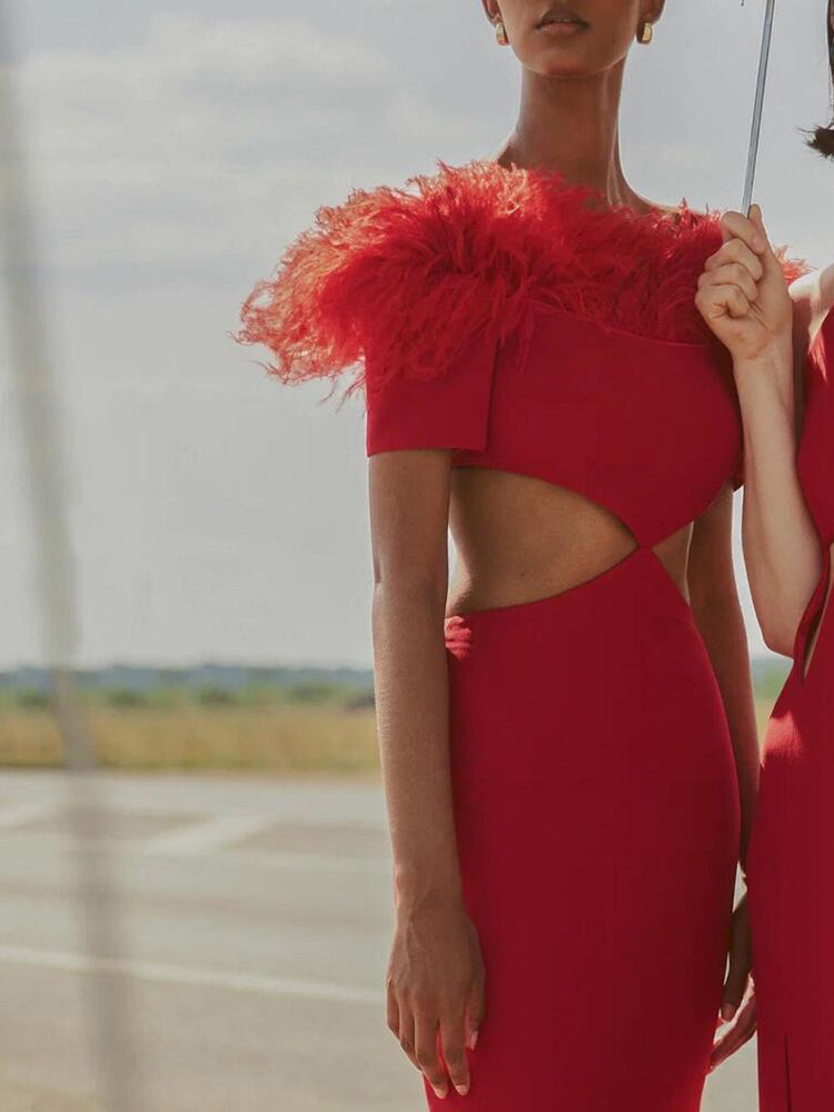 Off-shoulder feather panel red dress